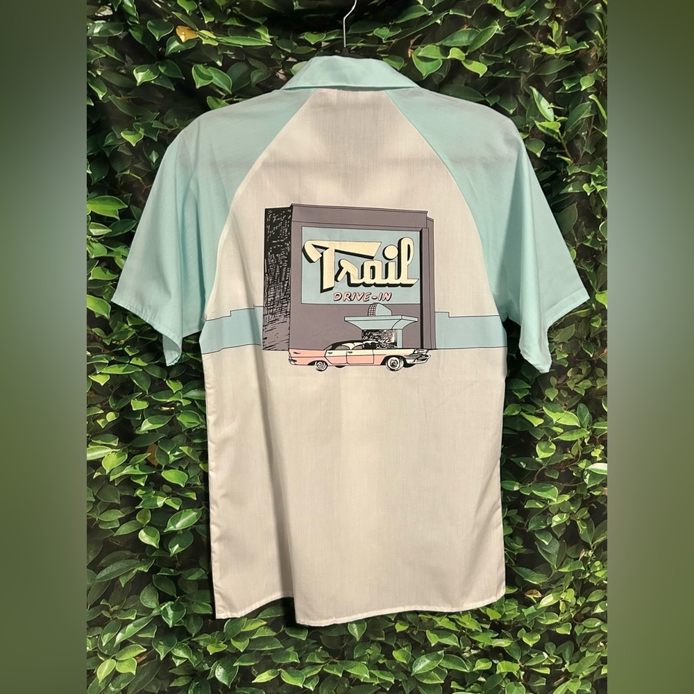 Sergio Valente Trail Drive In Graphic Camp Shirt White Blue 50s Theme Mens Small